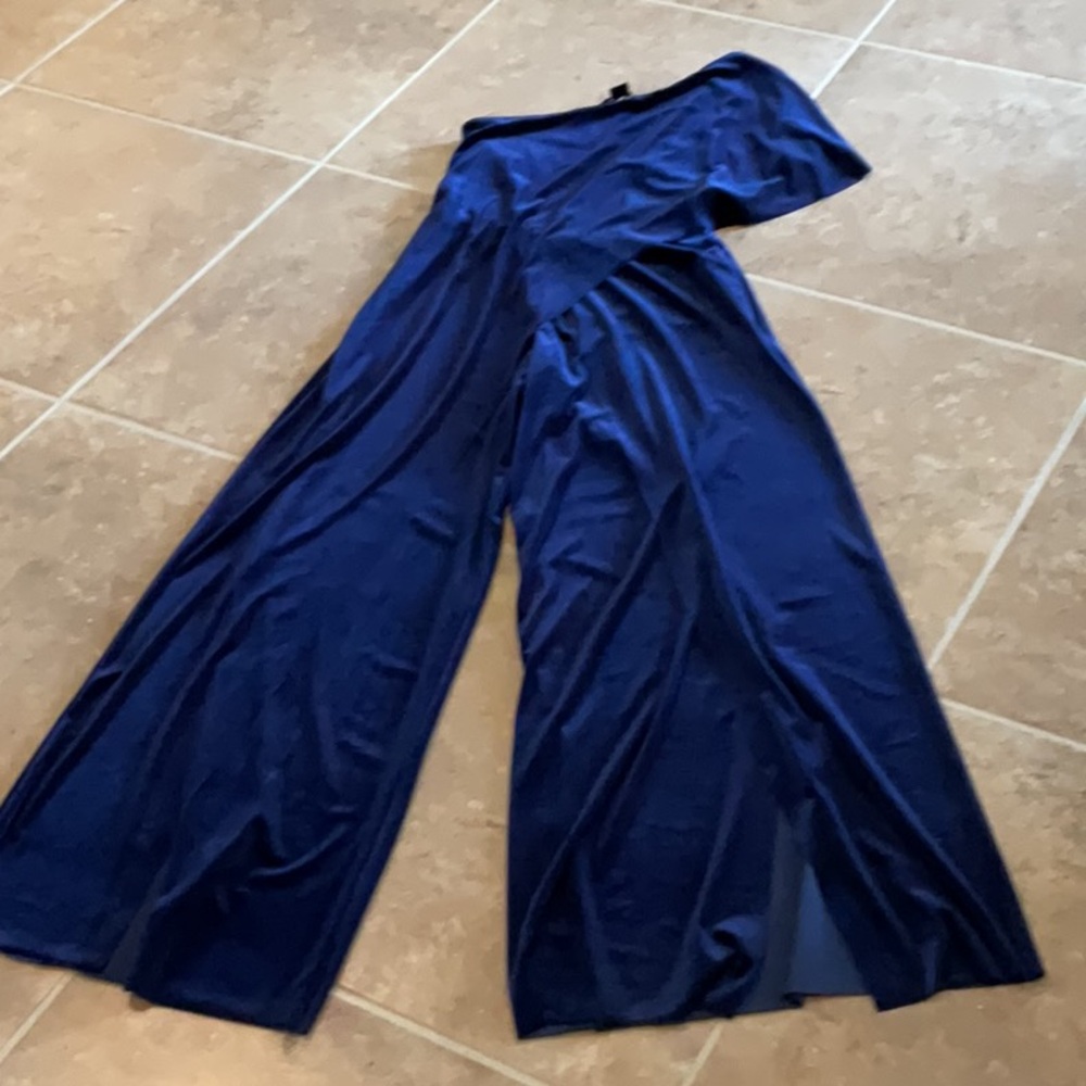 Ducci navy one shoulder velvet jumpsuit, wide legs which split open in front, S